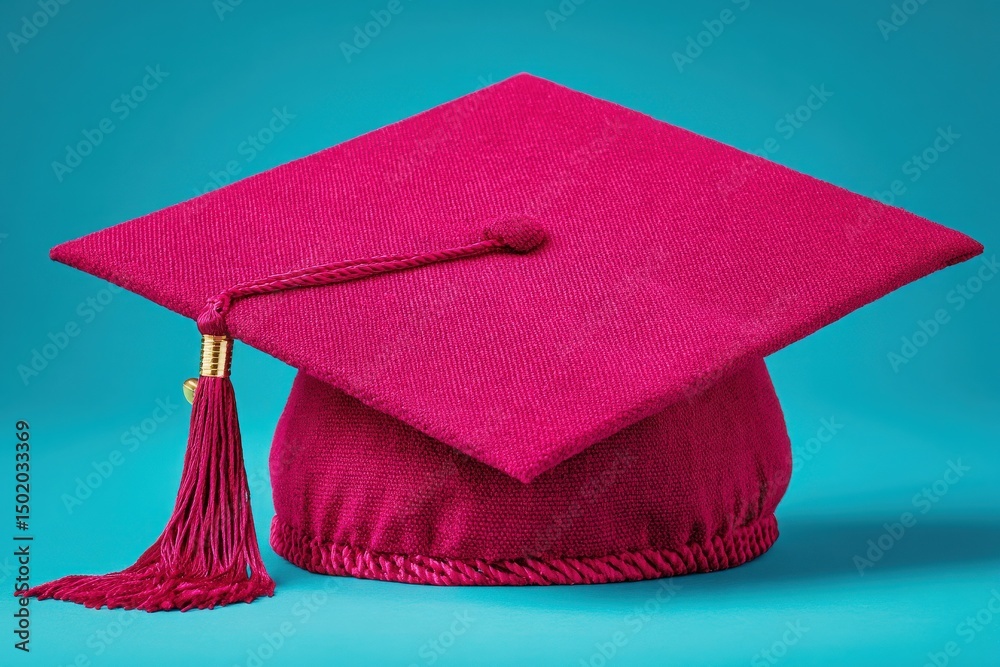 A vibrant magenta graduation cap is positioned on a smooth turquoise background, symbolizing academic success and achievements. This cap highlights a significant moment of celebration.