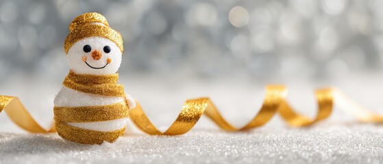 Wall Mural - Small snowman wearing a red scarf and black hat on fresh white snow in daytime.