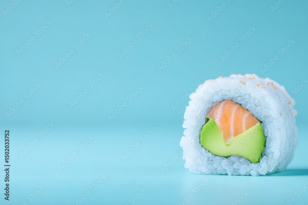 A beautifully crafted sushi roll is displayed on a smooth light blue surface. The roll reveals layers of fresh salmon and creamy avocado, offering a vibrant and appetizing look.