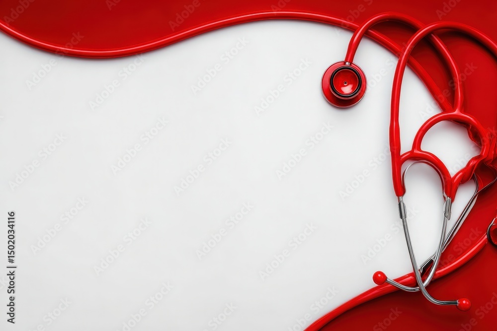 A stethoscope rests on a vibrant red surface, creating a striking visual. The bright color emphasizes themes of health and medicine, ideal for healthcare-related content.
