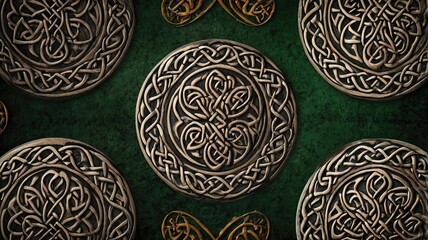 Poster - Celtic Patterns Showcasing Intricate Knot Designs on a Vibrant Green Background for Decoration