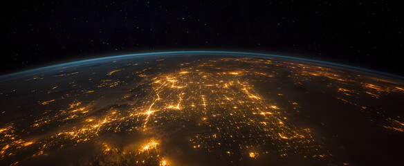 Wall Mural - earthrise sunrise space view, city lights, galaxy