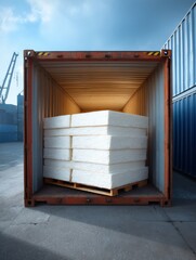 Poster - Cargo Container Filled With Building Insulation Panels Stacked on Pallets at a Shipping Yard During Daytime