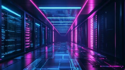 Fototapete - Neon-Lit Server Room: A Digital Corridor