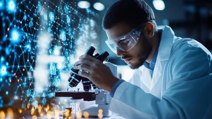 Poster - Scientist using a microscope in a modern laboratory,  research breakthrough, scientific discovery, technological advancements