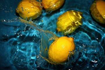 Poster - Lemons in water, bubbles forming around them.