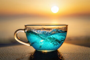 Poster - A cup of blue tea on a table at sunset.