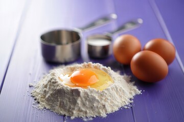 Poster - Eggs in bowl, flour on table, utensils nearby, ingredients for baking.