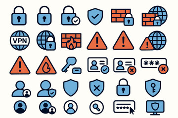 Poster - Collection of security icons related to online safety and data protection on a digital background