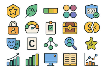 Poster - Variety of colorful icons representing various themes in technology, environment, and data analysis displayed on a white background