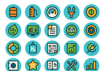 Poster - Icons representing various environmental and technological concepts including sustainability, data analysis, and energy sources