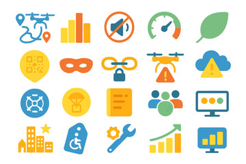 Poster - Colorful icons depicting technology, data analysis, and environmental themes in a modern design layout