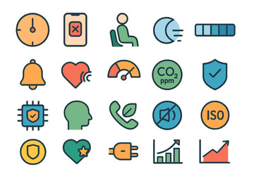 Poster - Icons representing various concepts such as time, health, environment, and security in a digital format for user interface design