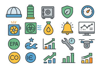 Poster - Illustration of various environmental and safety icons related to energy management and sustainability