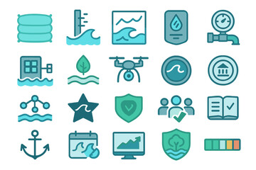 Poster - Collection of icons representing water safety, management, and conservation efforts for educational purposes