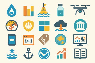 Poster - Collection of colorful icons representing environmental themes, technology, and marine life in a modern design