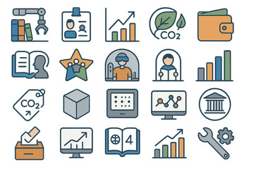 Poster - Various icons representing concepts of education, environment, economy, and technology in a modern design style