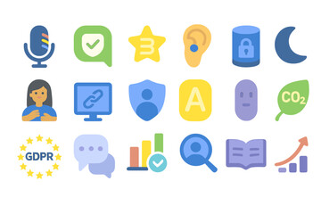 Poster - Various icons representing digital privacy, data protection, and communication themes in a colorful layout