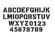© Halina Berah - Stencil font displaying uppercase letters and numbers in a bold, industrial style against a plain background