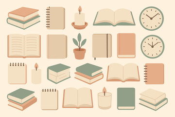 Fototapete - Collection of stationary items including books, candles, and clocks in a serene setup for a cozy study atmosphere
