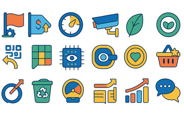 Poster - Graphic icons representing various concepts related to technology, environment, health, and performance, created in a colorful design