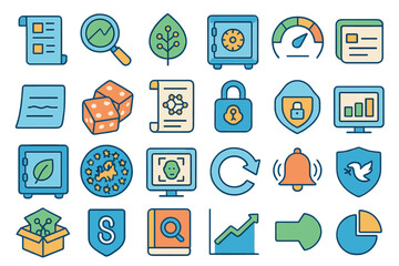 Poster - Collection of colorful icons representing business analytics, security, and data management concepts for digital applications