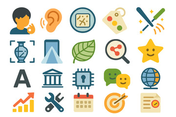 Poster - Icons representing various concepts related to communication, technology, and nature in a vibrant and colorful design for educational use