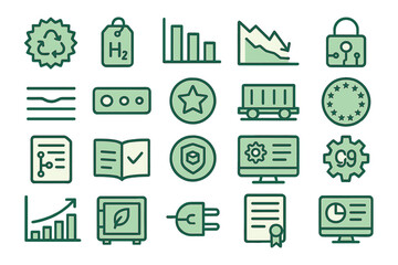 Poster - Collection of green icons representing technology, sustainability, and data analysis for educational purposes