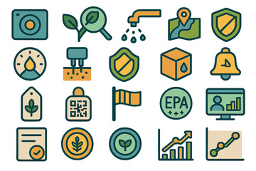 Poster - Collection of environmental icons representing sustainability, data tracking, and water conservation practices