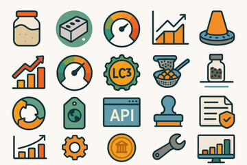 Poster - Collection of colorful business and technology icons featuring graphs, gauges, and various tools arranged on a light background