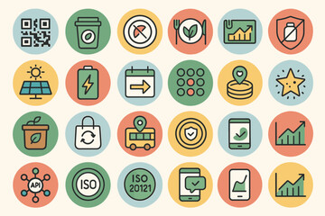 Poster - Colorful collection of digital icons representing technology, sustainability, and services oriented towards modern living