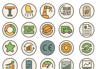 Poster - Creative design concepts showcasing various icons representing technology, waste management, and sustainability in a modern workspace