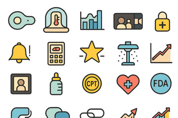 Poster - Collection of colorful healthcare and technology icons illustrating various medical concepts and analytics