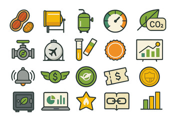 Poster - Collection of colored icons representing various environmental and financial themes created in a modern flat design style