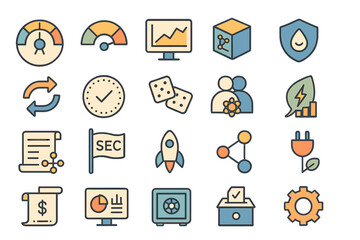Poster - Icons representing various concepts of finance, technology, and sustainability in a modern design layout