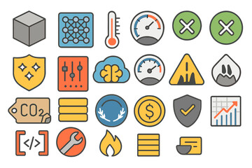 Poster - Various colorful icons representing technology, data metrics, and environmental indicators arranged in a grid layout