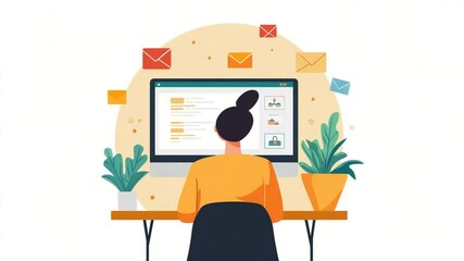 Poster - Woman Working on Computer, Email Notifications, Desk Plants, Illustration