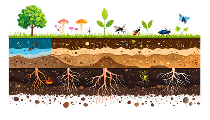 Concept illustration Cross section of healthy soil layer with roots, fungi and insects, earth science