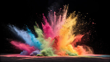 Poster - Explosion of vibrant colorful powder against a dark background creating a dynamic display of hues created with generated ai