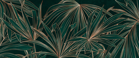 Wall Mural - dark luxury art background with hand drawn tropical plant leaves in gold line style. botanical tropi
