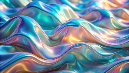 holographic wave texture, iridescent sheen in pastel tones, light diffraction effect, silky folds and reflections
