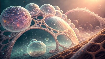 organic bubble structures forming net-like pattern, translucent pastel tones, backlit glow