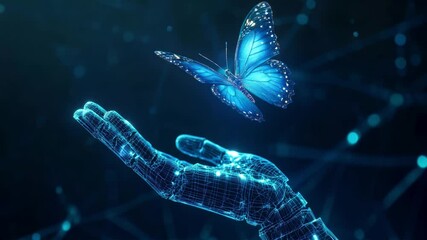Poster - Futuristic abstract humanoid robot holding a digital butterfly on a palm. AI art or Artificial Intelligence Innovation concept. Polygonal wireframe illustration. Blue technology background