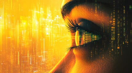 Poster - Close-up of an eye with digital cityscape overlay.