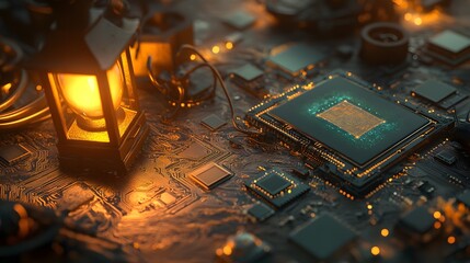 Poster - Illuminated circuit board with a central processor chip and a vintage lantern.