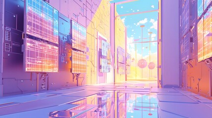 Poster - Colorful futuristic corridor with glowing displays.