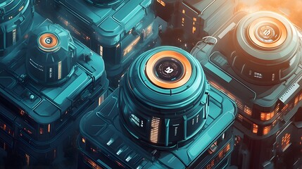 Poster - Futuristic structures with technological details.