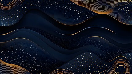 Poster - Abstract background design with gold lines and dark blue waves.