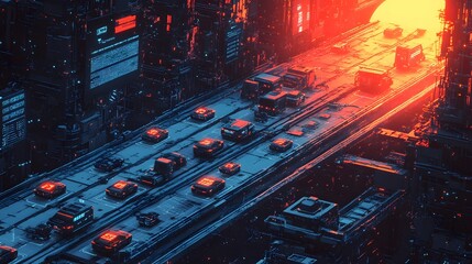 Poster - Futuristic city highway with vehicles and digital displays.