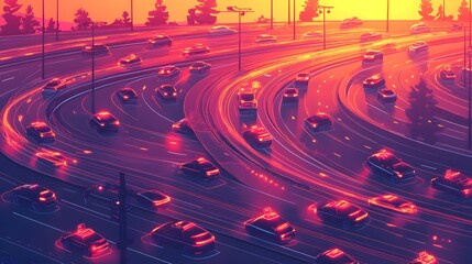 Poster - Highway traffic in vibrant neon hues.